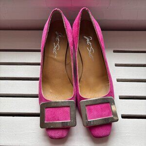 Pink stacked heel Pumps with Silver buckle